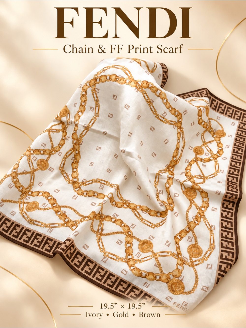 Fendi Cream & Brown Chain Motif Cotton Scarf Pre-Owned Square 19.5” x 19.5”
